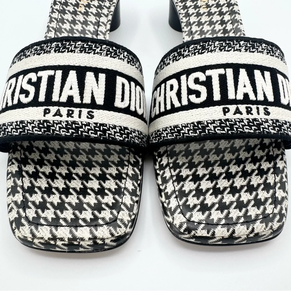 NEW Dior White Black Day Micro Logo Houndstooth Slide Sandals Block Heels Mules